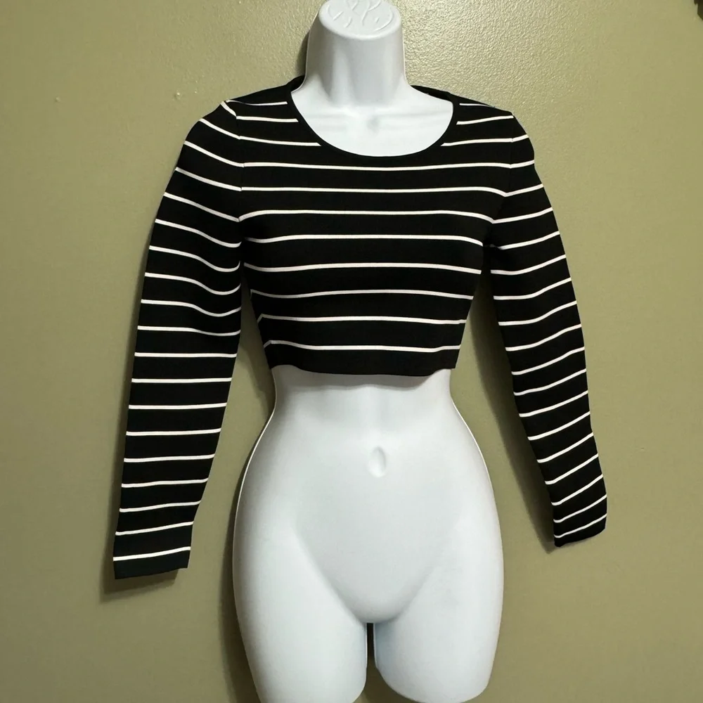 Good American Womens Stripe Long Sleeve Crop Top Size 0‎